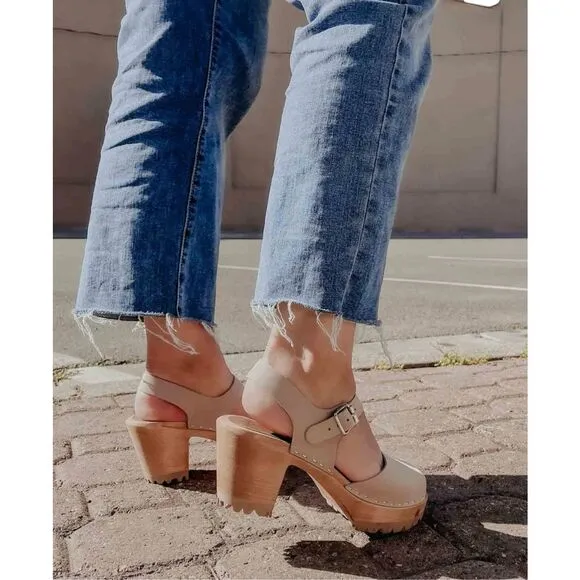 Free People X MIA Swedish Greta Platform Leather Wood Clogs Sandals Nude 36- 6