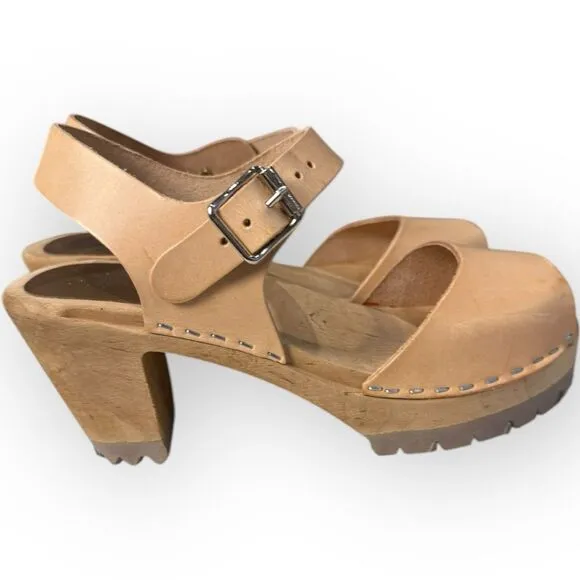 Free People X MIA Swedish Greta Platform Leather Wood Clogs Sandals Nude 36- 6