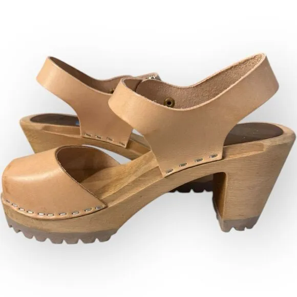 Free People X MIA Swedish Greta Platform Leather Wood Clogs Sandals Nude 36- 6