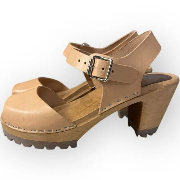 Free People X MIA Swedish Greta Platform Leather Wood Clogs Sandals Nude 36- 6