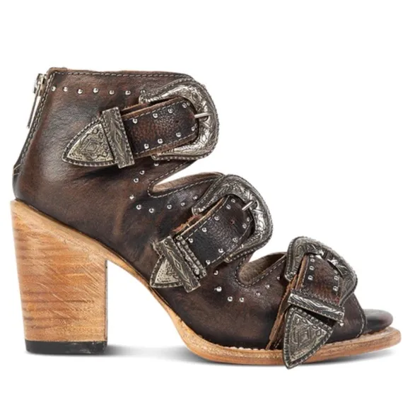 Freebird Violet Black Leather Buckle Heeled Sandals Size 8