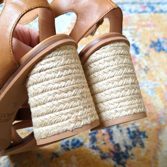 Frye &amp; Co. Leiah Leather Strappy Open Toe Jute Wrapped Block Heel Sandals Tan 10