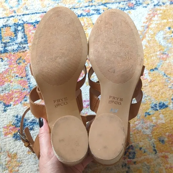 Frye &amp; Co. Leiah Leather Strappy Open Toe Jute Wrapped Block Heel Sandals Tan 10