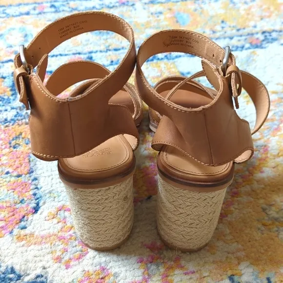 Frye &amp; Co. Leiah Leather Strappy Open Toe Jute Wrapped Block Heel Sandals Tan 10