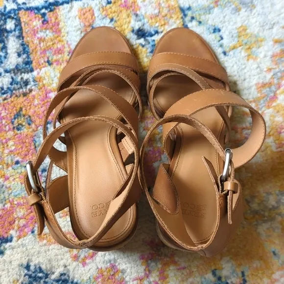 Frye &amp; Co. Leiah Leather Strappy Open Toe Jute Wrapped Block Heel Sandals Tan 10