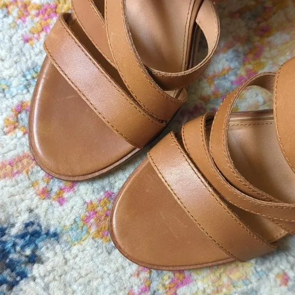 Frye &amp; Co. Leiah Leather Strappy Open Toe Jute Wrapped Block Heel Sandals Tan 10