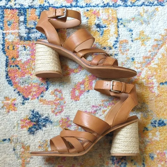 Frye &amp; Co. Leiah Leather Strappy Open Toe Jute Wrapped Block Heel Sandals Tan 10