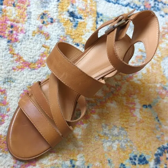 Frye &amp; Co. Leiah Leather Strappy Open Toe Jute Wrapped Block Heel Sandals Tan 10