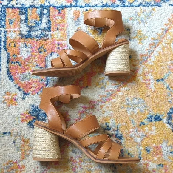 Frye &amp; Co. Leiah Leather Strappy Open Toe Jute Wrapped Block Heel Sandals Tan 10