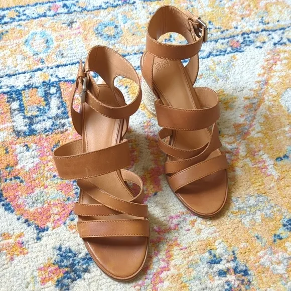 Frye &amp; Co. Leiah Leather Strappy Open Toe Jute Wrapped Block Heel Sandals Tan 10