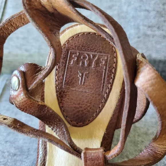 FRYE Annabelle Metal Brown Leather Wedge Sandals Womens Size 6M