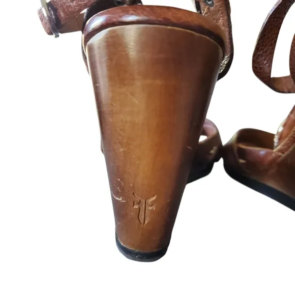 FRYE Annabelle Metal Brown Leather Wedge Sandals Womens Size 6M