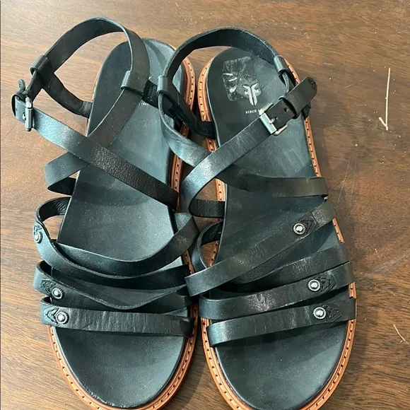 Frye Black Flat Sandals with Adjustable Ankle Strap NWOT