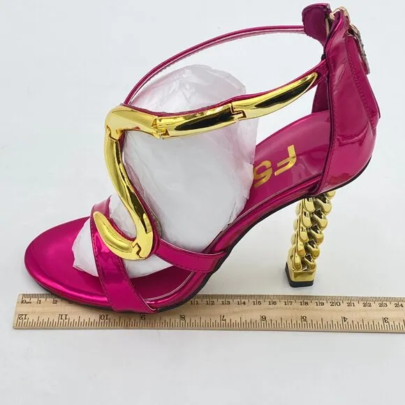 FSJ Women Flower Gold Metal Chain Chunky High Heels Ankle Strap Sandals Open Toe