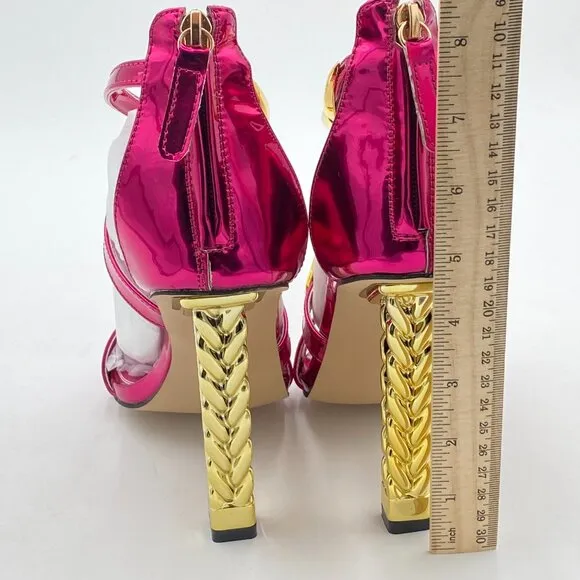 FSJ Women Flower Gold Metal Chain Chunky High Heels Ankle Strap Sandals Open Toe