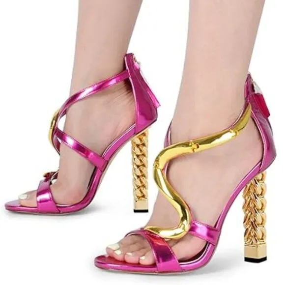 FSJ Women Flower Gold Metal Chain Chunky High Heels Ankle Strap Sandals Open Toe