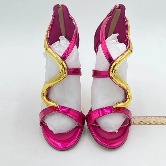 FSJ Women Flower Gold Metal Chain Chunky High Heels Ankle Strap Sandals Open Toe