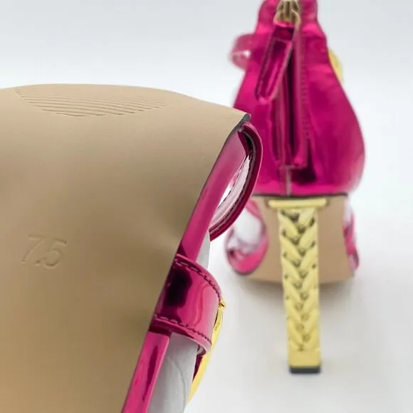 FSJ Women Flower Gold Metal Chain Chunky High Heels Ankle Strap Sandals Open Toe