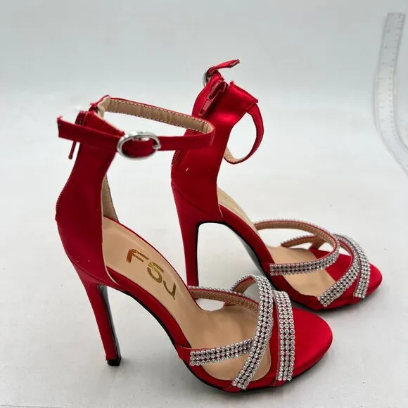 FSJ Women Sexy Stiletto Rhinestone Strappy High Heels Sandals Open Toe Red Shoes