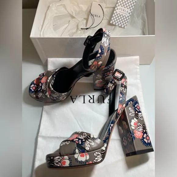 Furla Gioia Printed Leather Block Heeled Sandal - BNIB W/Dustbag &amp; Paperwork