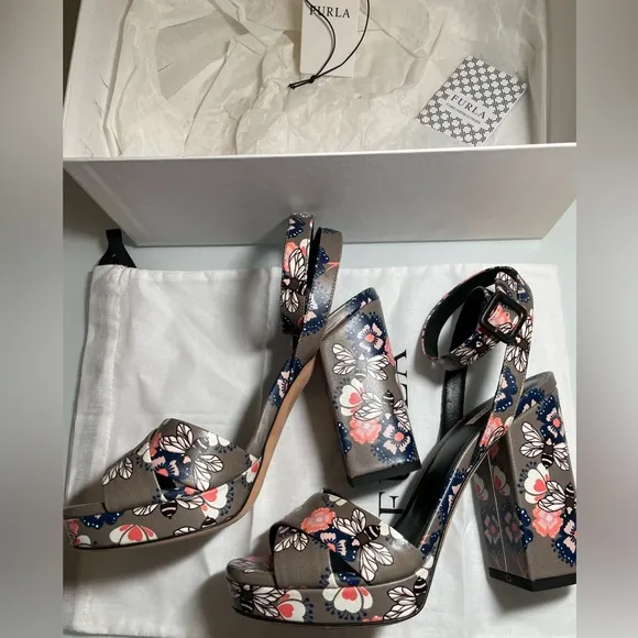 Furla Gioia Printed Leather Block Heeled Sandal - BNIB W/Dustbag &amp; Paperwork