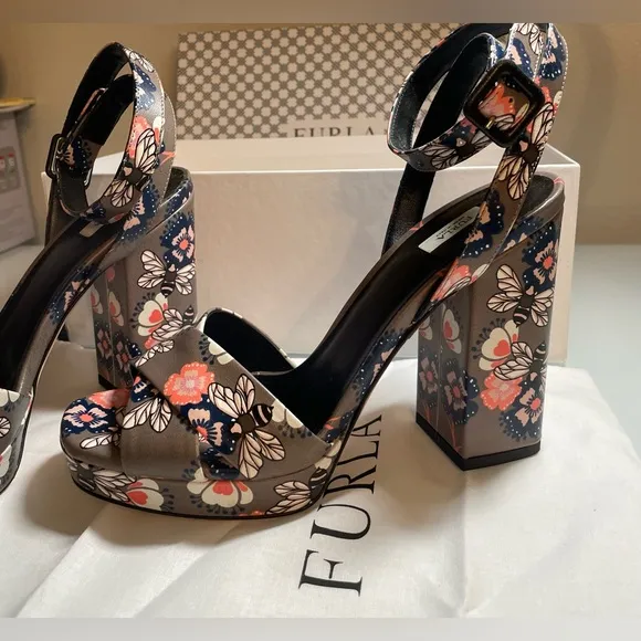 Furla Gioia Printed Leather Block Heeled Sandal - BNIB W/Dustbag &amp; Paperwork