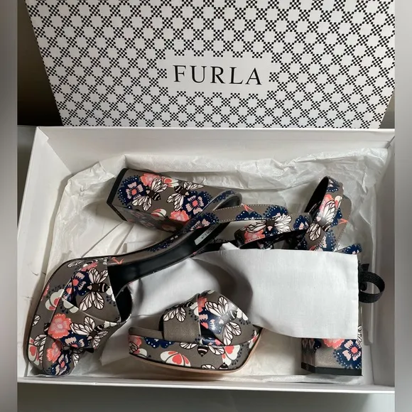 Furla Gioia Printed Leather Block Heeled Sandal - BNIB W/Dustbag &amp; Paperwork