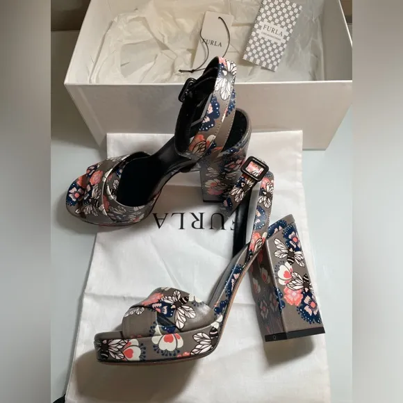 Furla Gioia Printed Leather Block Heeled Sandal - BNIB W/Dustbag &amp; Paperwork