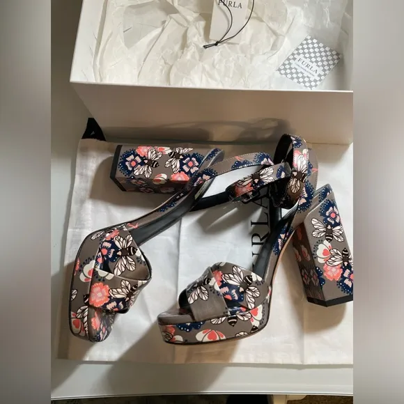 Furla Gioia Printed Leather Block Heeled Sandal - BNIB W/Dustbag &amp; Paperwork