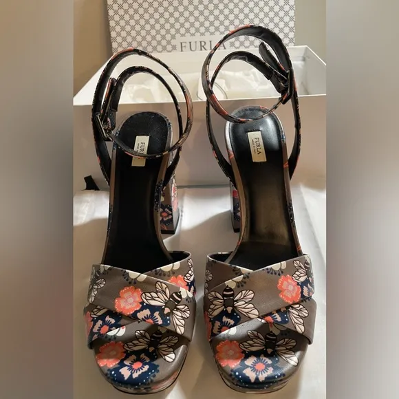 Furla Gioia Printed Leather Block Heeled Sandal - BNIB W/Dustbag &amp; Paperwork