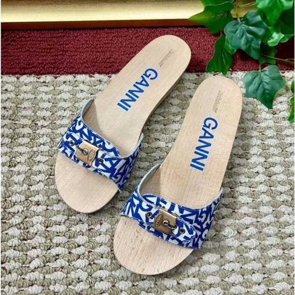 Ganni X Dr Scholl Pescura Wooden Clogs Sandals in Blue Size 9
