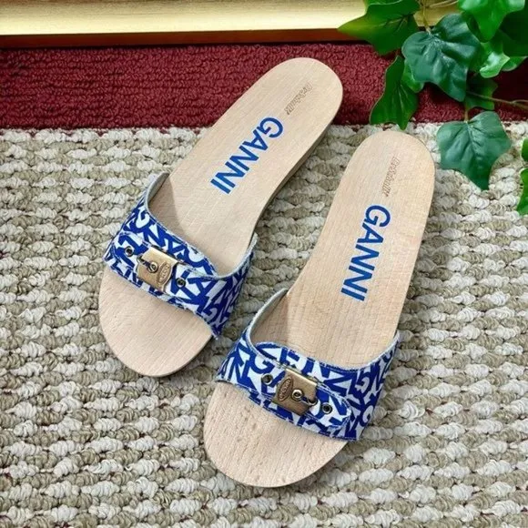 Ganni X Dr Scholl Pescura Wooden Clogs Sandals in Blue Size 9