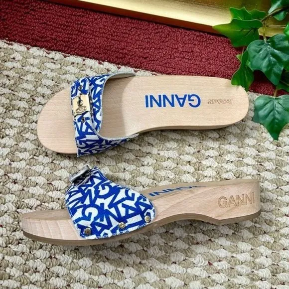 Ganni X Dr Scholl Pescura Wooden Clogs Sandals in Blue Size 9