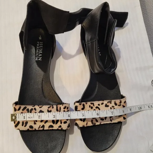 Genuine Leather Animal Print Sandals Black Beige Ankle Strap Size 8/38
