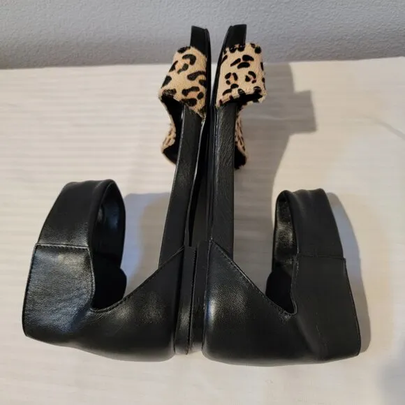 Genuine Leather Animal Print Sandals Black Beige Ankle Strap Size 8/38