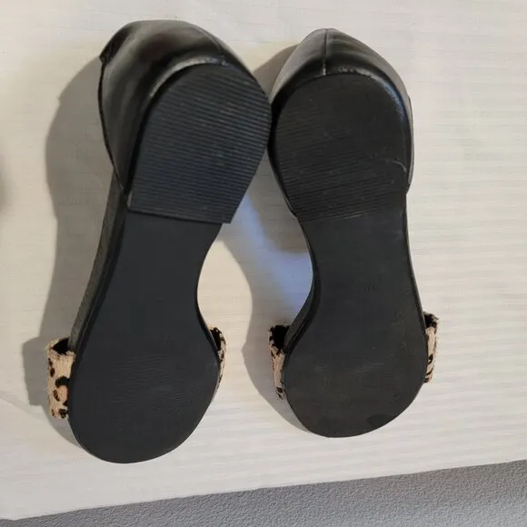 Genuine Leather Animal Print Sandals Black Beige Ankle Strap Size 8/38