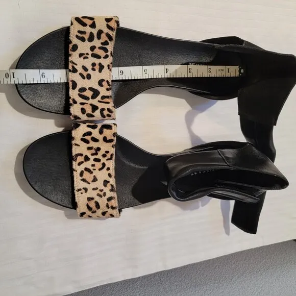 Genuine Leather Animal Print Sandals Black Beige Ankle Strap Size 8/38