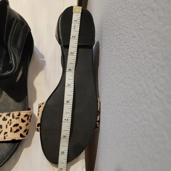 Genuine Leather Animal Print Sandals Black Beige Ankle Strap Size 8/38
