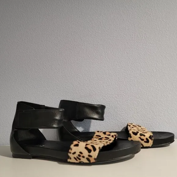 Genuine Leather Animal Print Sandals Black Beige Ankle Strap Size 8/38
