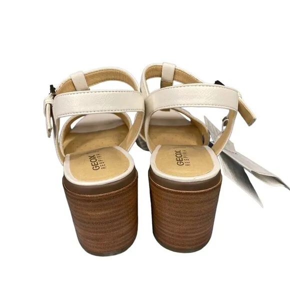 Geox Annya Mid Sandals Block Heel T Strap White SZ 40 EU 10 US NIB