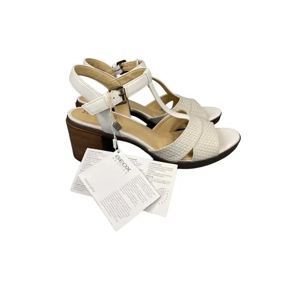 Geox Annya Mid Sandals Block Heel T Strap White SZ 40 EU 10 US NIB