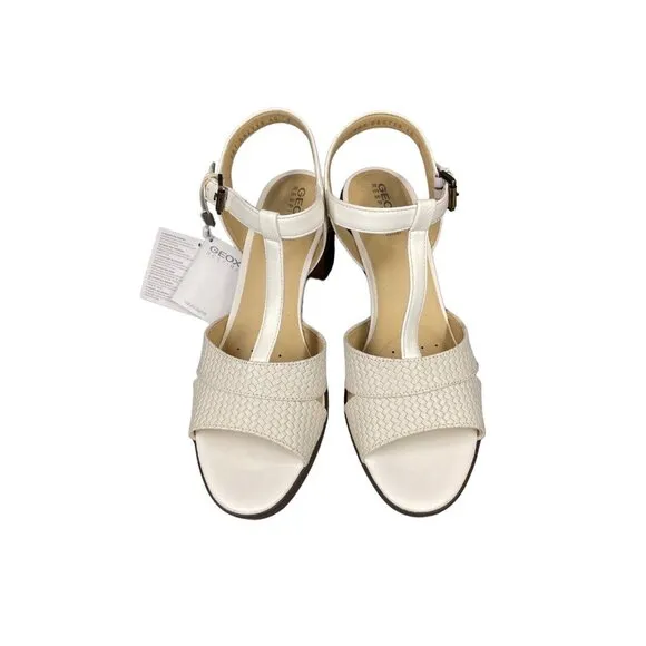 Geox Annya Mid Sandals Block Heel T Strap White SZ 40 EU 10 US NIB