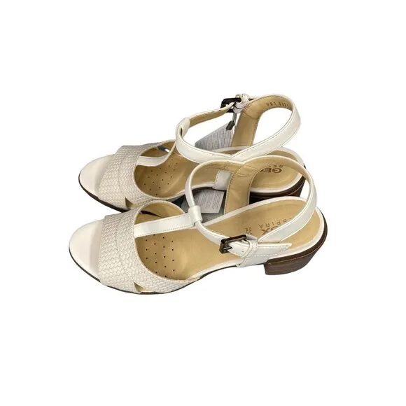 Geox Annya Mid Sandals Block Heel T Strap White SZ 40 EU 10 US NIB