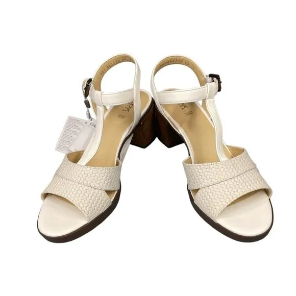 Geox Annya Mid Sandals Block Heel T Strap White SZ 40 EU 10 US NIB