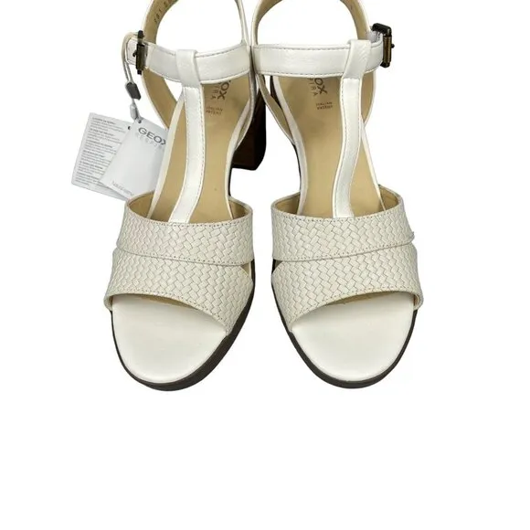 Geox Annya Mid Sandals Block Heel T Strap White SZ 40 EU 10 US NIB
