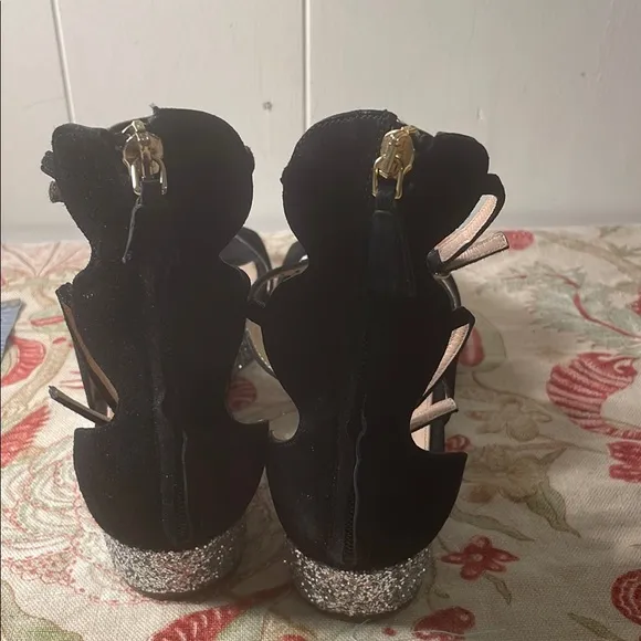 Giambattista Valli Black Suede Cream 4 Strap High Back Sparkle Platform Sandals