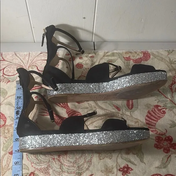 Giambattista Valli Black Suede Cream 4 Strap High Back Sparkle Platform Sandals