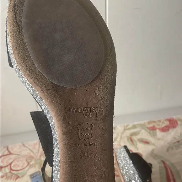 Giambattista Valli Black Suede Cream 4 Strap High Back Sparkle Platform Sandals