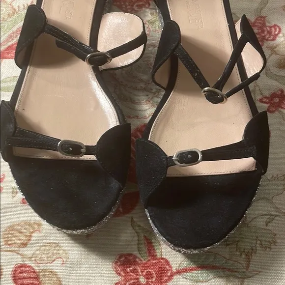 Giambattista Valli Black Suede Cream 4 Strap High Back Sparkle Platform Sandals