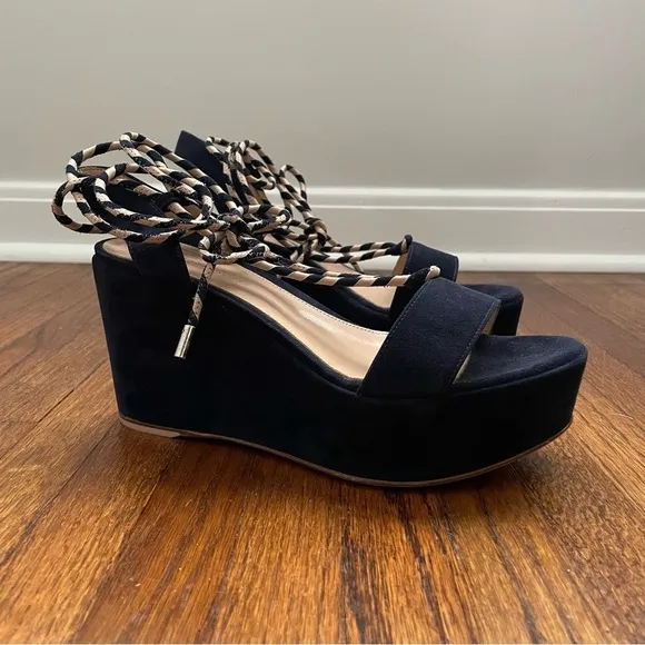 Gianvito Rossi Navy Suede Platform Wedge Wrap Sandals